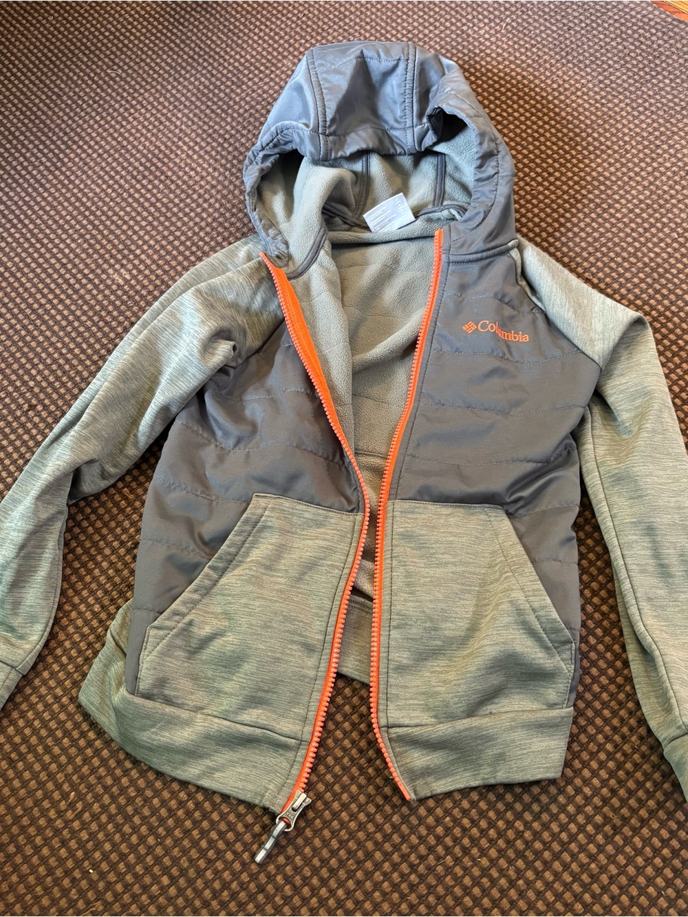 Columbia Kids Hooded Jacket in Gray and Sage with Orange Trim